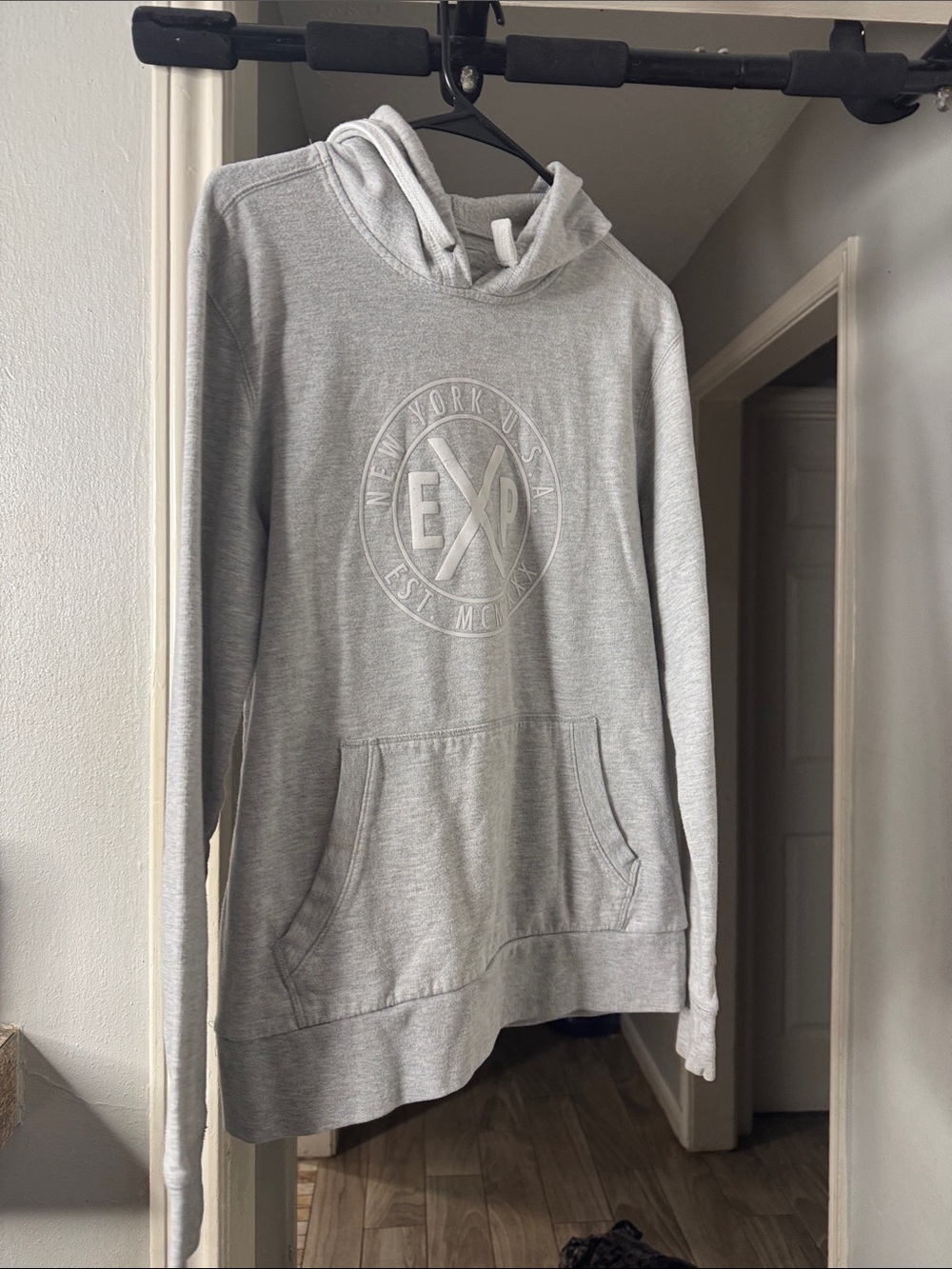 Express Light Gray Hooded Pullover Sweater with Embossed Logo